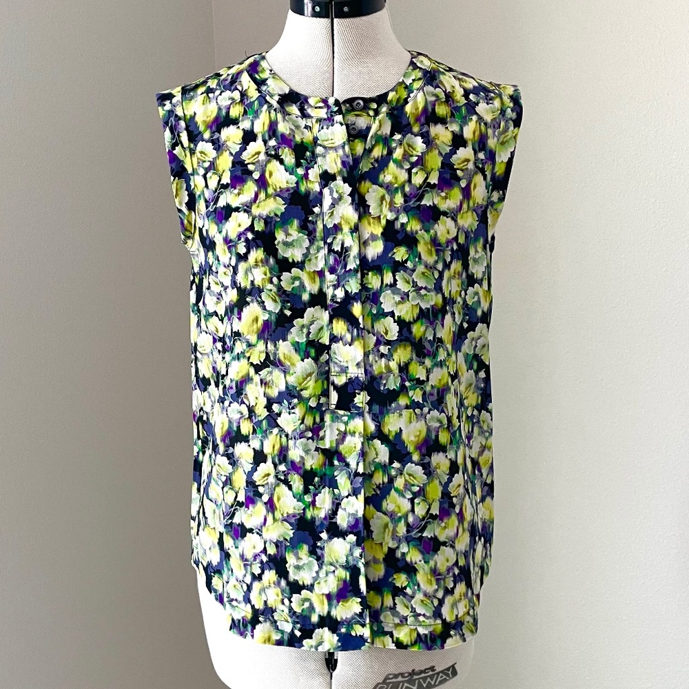 J CREW NWT WOMENS SLEEVELESS TOP PURPLE GREEN BLACK YELLOW FLORAL PRINT SILK